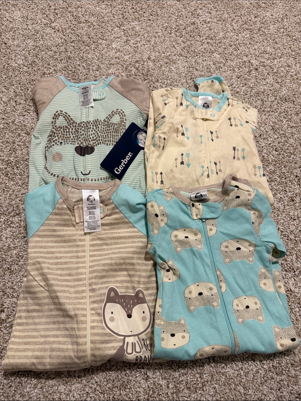 Gerber 4 Pack NWT Zip Sleepers Woodland Animal Prints 0-3 Months